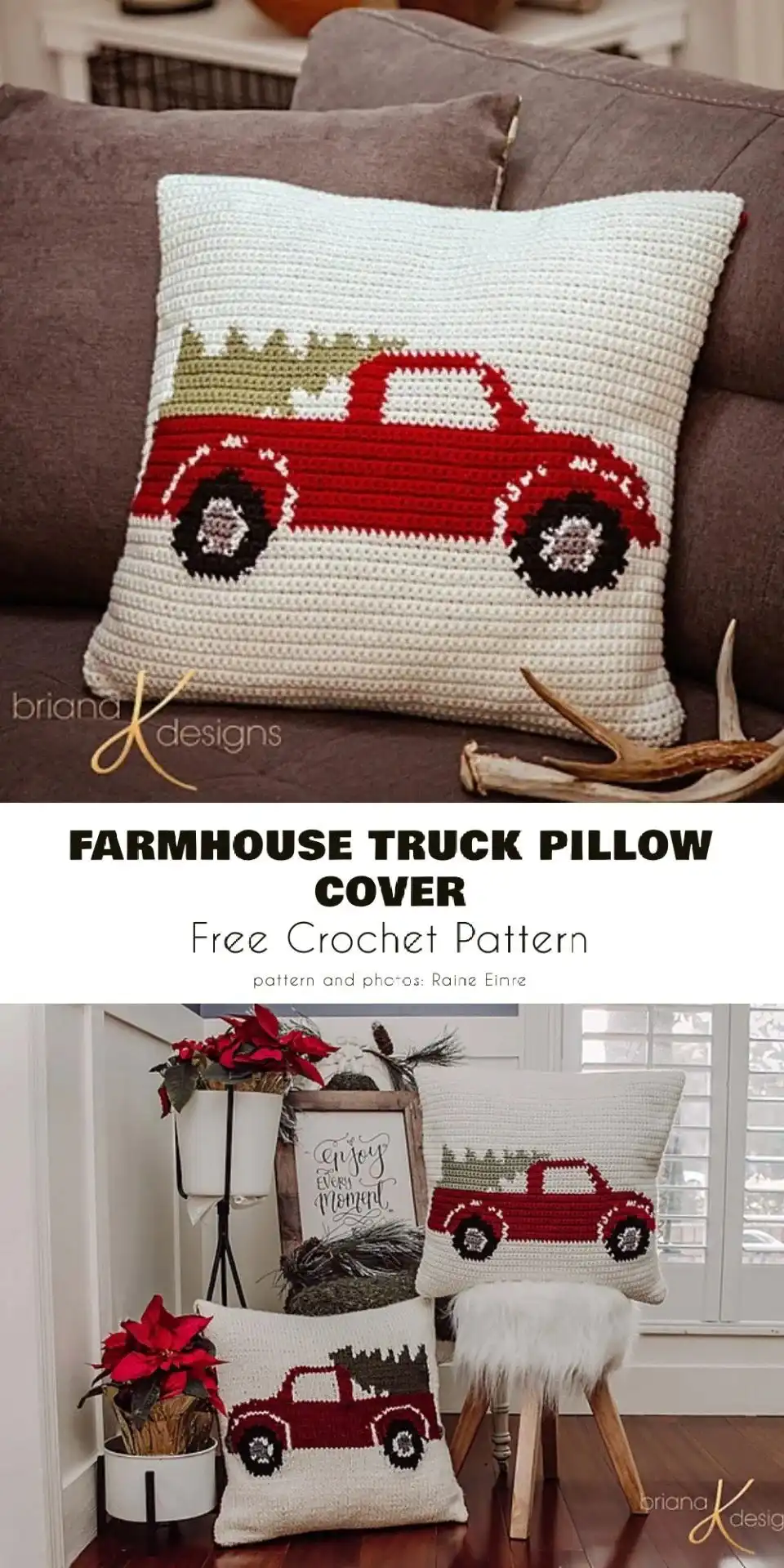 5 Free Christmas Pillow Cover Free Crochet Patterns 2 Close-up of a Farmhouse Truck Christmas Pillow Cover, showcasing the red truck and tree detail