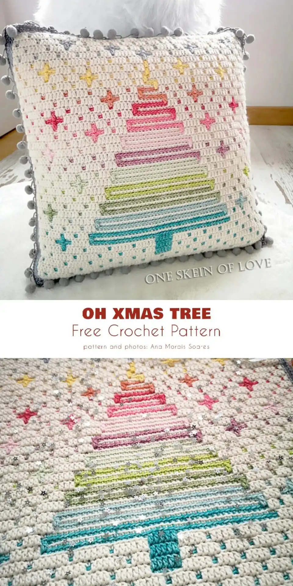 5 Free Christmas Pillow Cover Free Crochet Patterns 3 Modern 'Oh Xmas Tree' Pillow Cover with geometric rainbow Christmas tree design