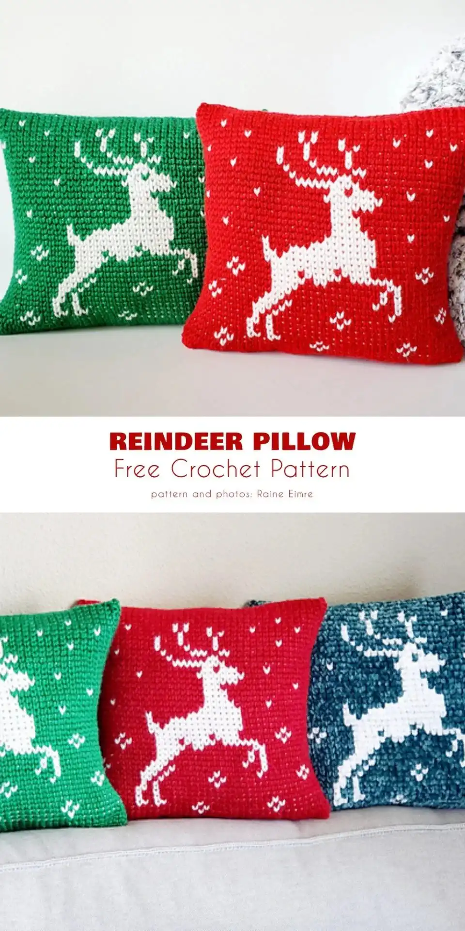 5 Free Christmas Pillow Cover Free Crochet Patterns 4 Detailed view of a Reindeer Pillow made with mosaic crochet, featuring a starry night background