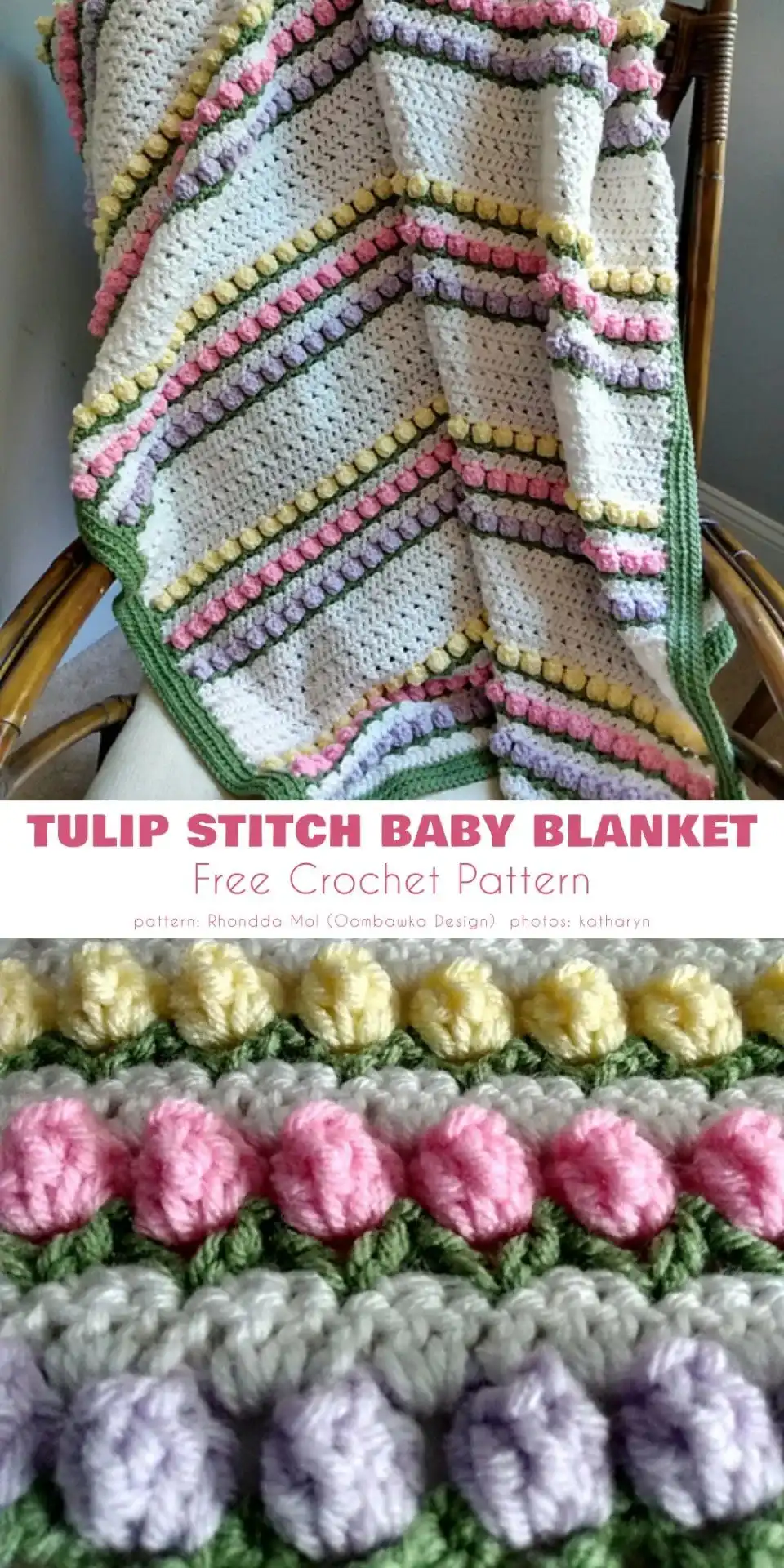 5 Free Tulip Stitch Baby Blanket Crochet Patterns 3 A baby blanket crocheted with tulip stitches, featuring alternating stripes of pastel pink, mint green, and pale yellow yarn.