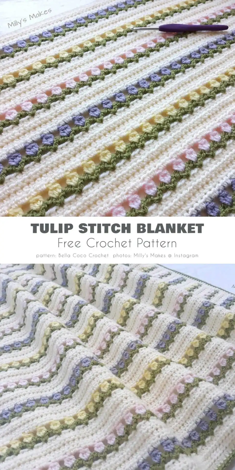 5 Free Tulip Stitch Baby Blanket Crochet Patterns 5 A whimsical baby blanket featuring a dense, smaller version of the tulip stitch in a variegated yarn, perfect for a stroller.