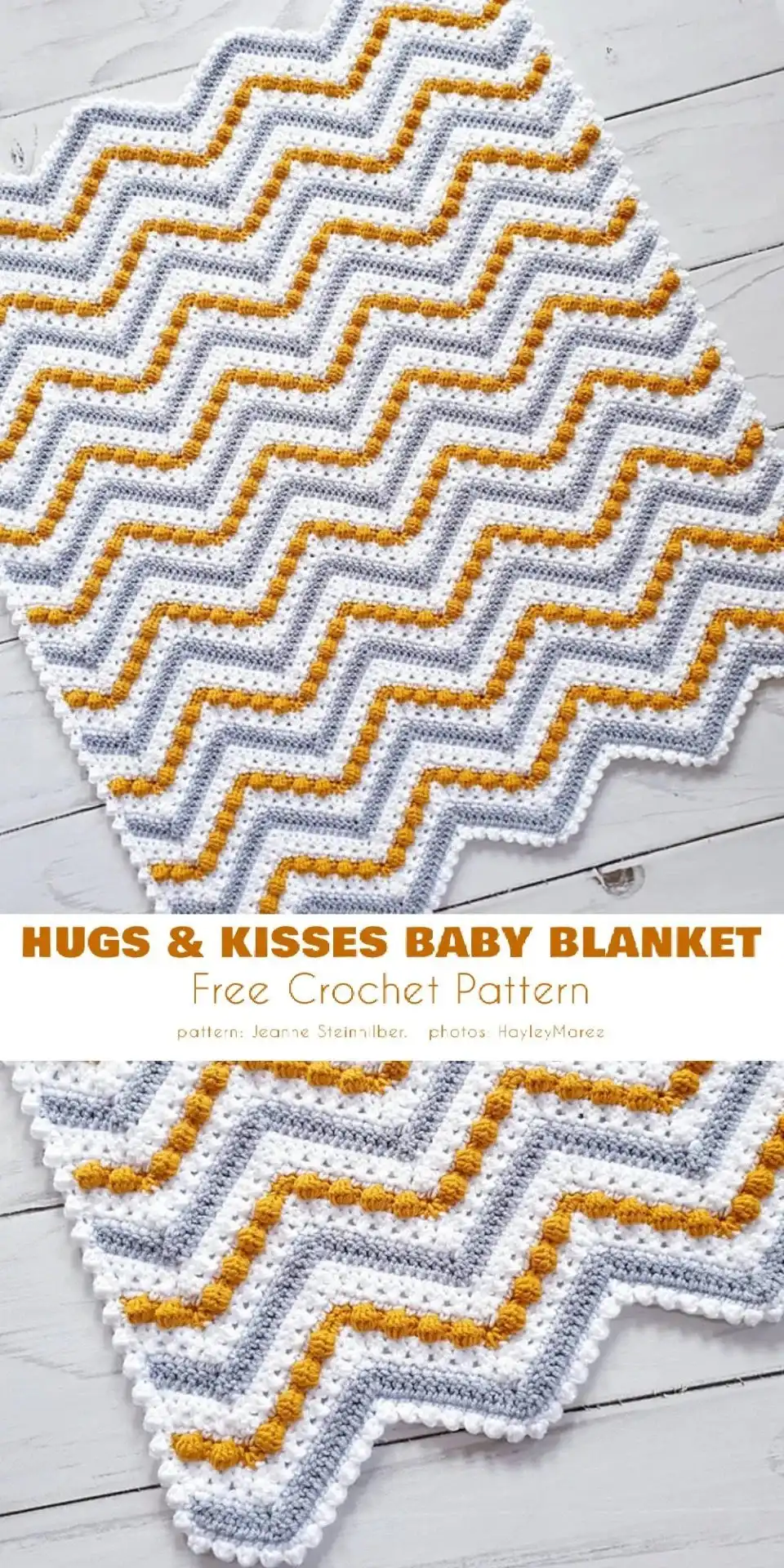 Crochet classic hugs and kisses chevron baby blanket in soft pastel colors, showcasing the ripple effect.