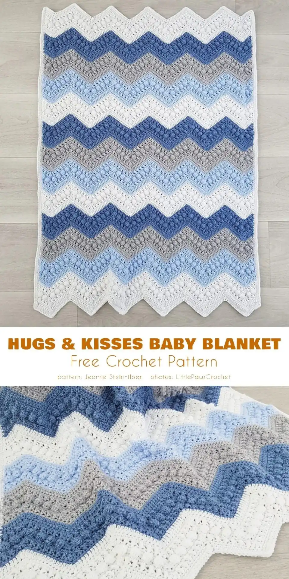 Modern baby lovey blanket featuring a distinct cross-stitch inspired hugs and kisses crochet pattern in vibrant colors.