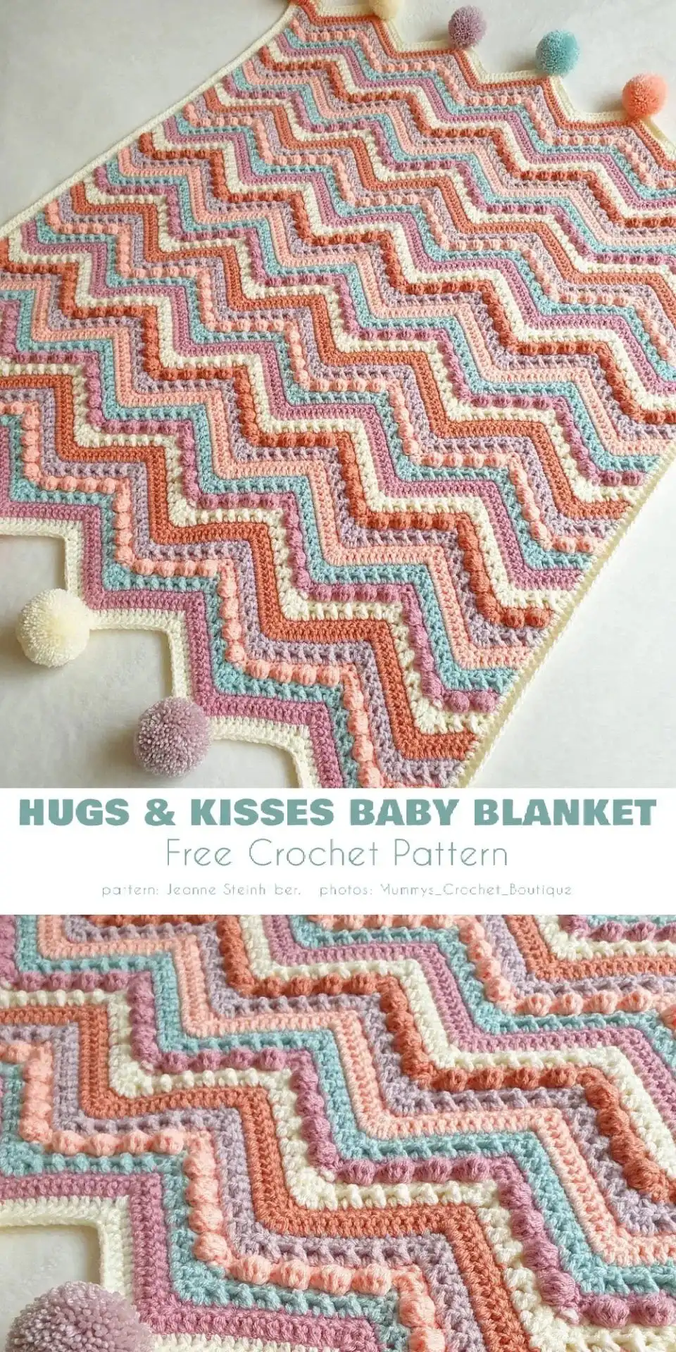 Granny square crochet baby blanket with individual squares depicting hugs and kisses motifs in a colorful arrangement.