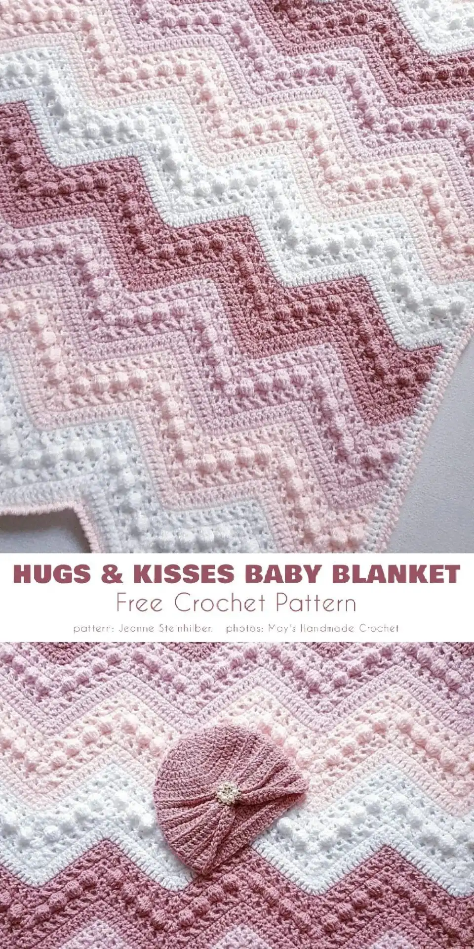 Two-tone crochet baby blanket design highlighting bold 'kisses' (O) motifs against a contrasting background.