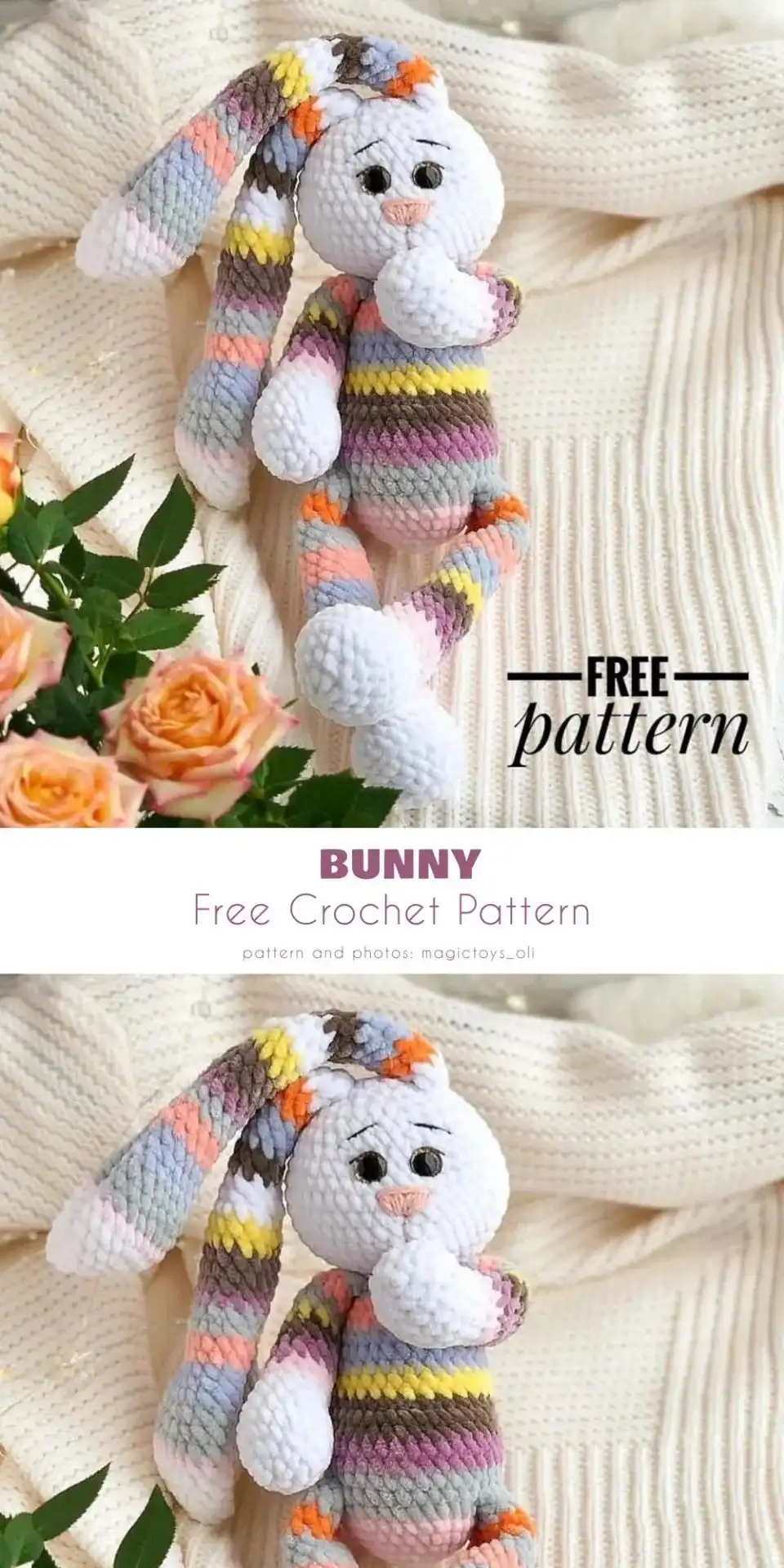 A baby-safe crochet bunny rattle and teether with a wooden ring, made with organic yarn.