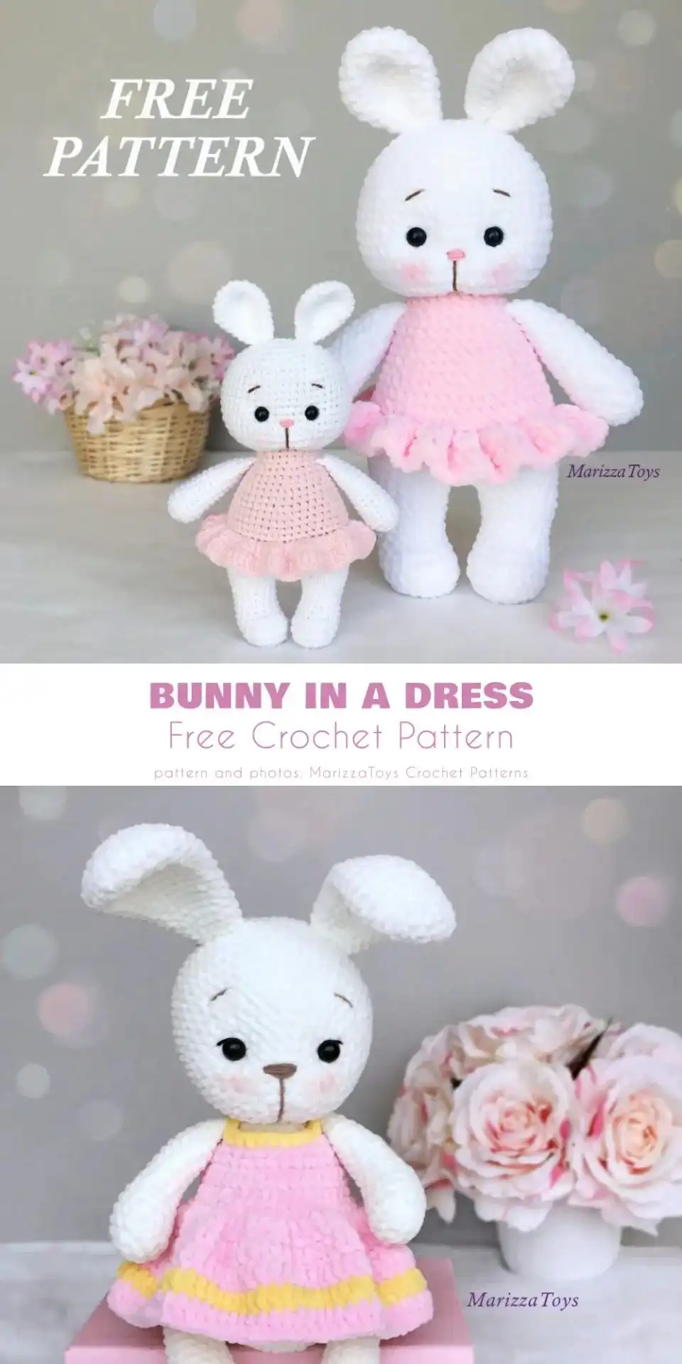 A whimsical crochet bunny dressed in a small handmade outfit, displaying custom accessories.