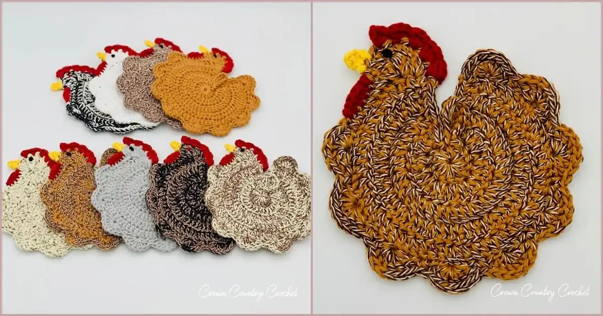 A collection of 5 Spring and Easter themed crochet potholders, showcasing chick, bunny, and egg designs on a rustic surface.