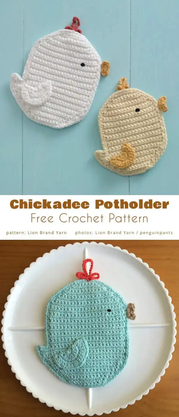 Close-up of a crocheted yellow chickadee potholder with orange beak and dark eyes, representing spring.