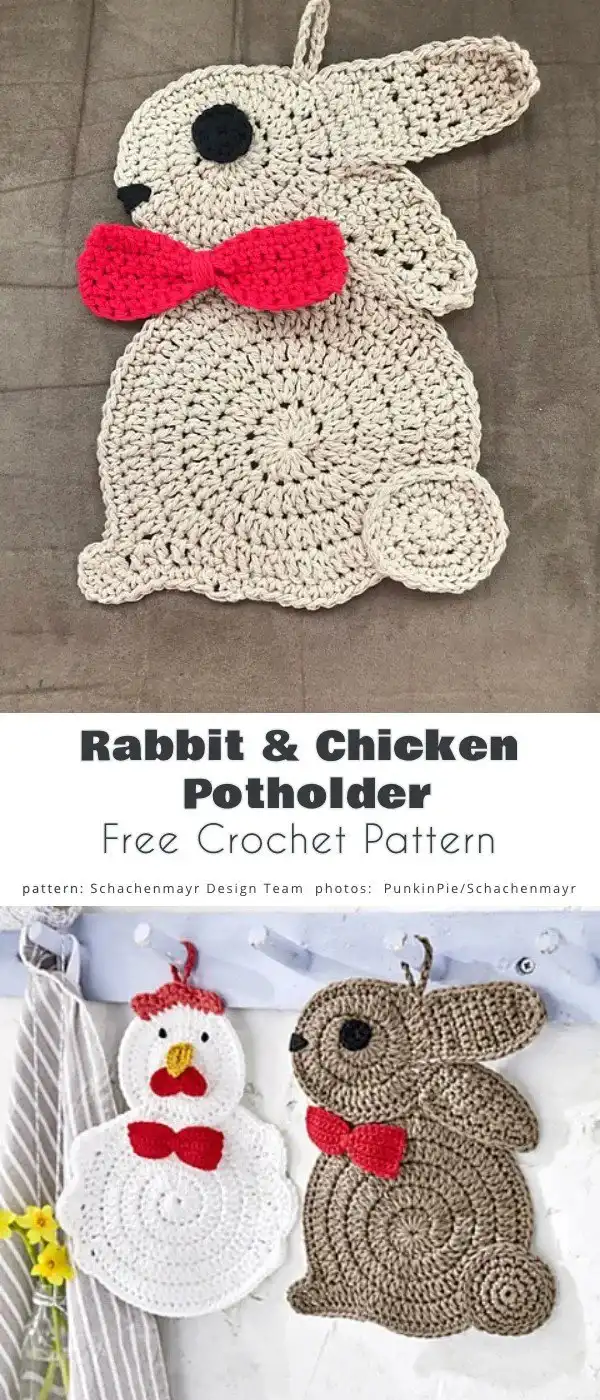 Two round crochet potholders, one shaped like a white rabbit and the other a brown chicken, both with embroidered details.