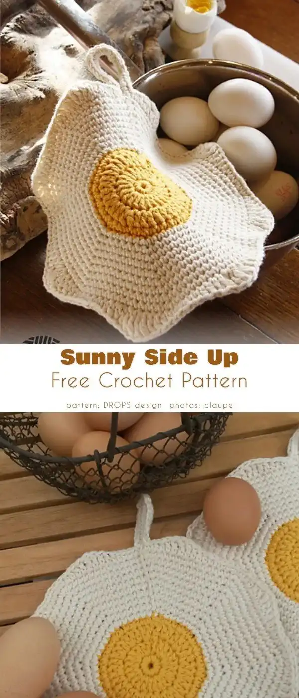 A unique crochet potholder in the shape of a sunny side up egg, featuring a bright yellow yolk and white outer edge.