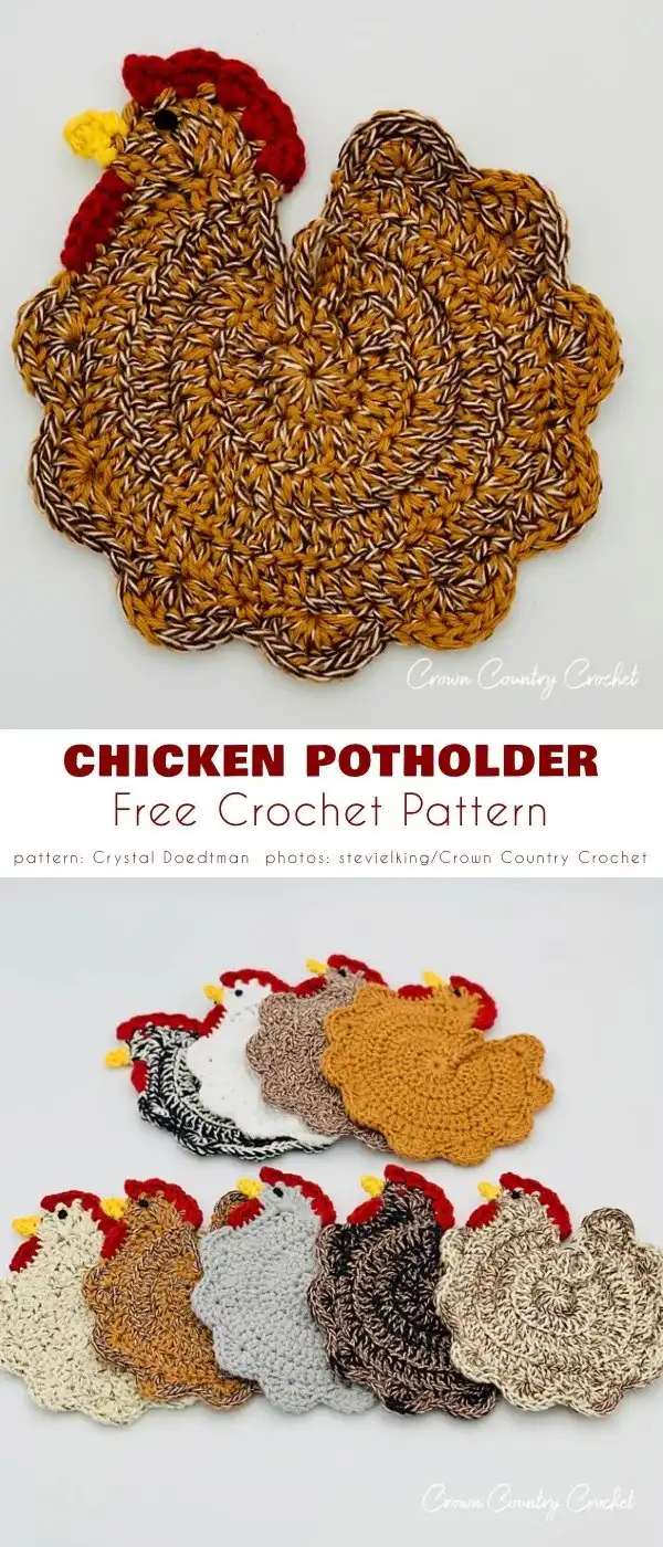 A classic, rounded crochet potholder with a chicken face design, in a neutral color palette.