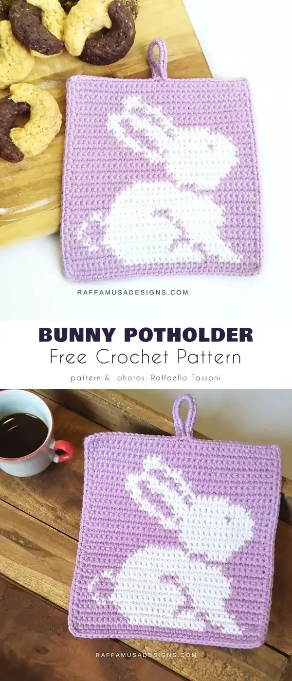 A square crochet potholder in pastel green with a white bunny silhouette featuring a small pink nose and floppy ears.