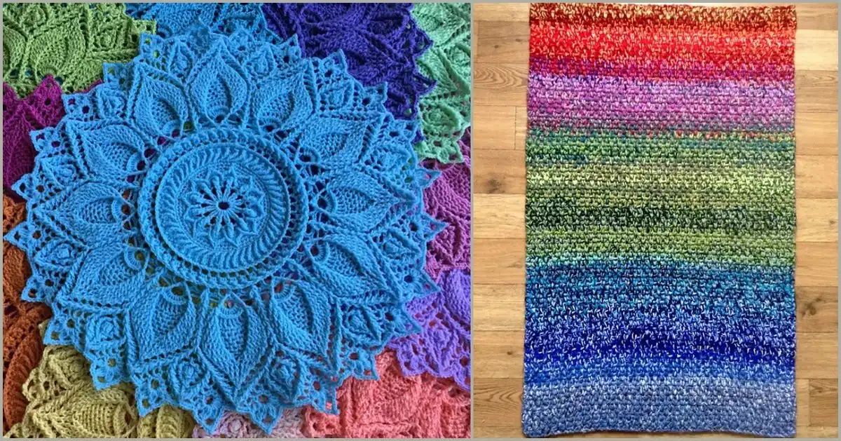 Collection of 5 unique spring crochet rug patterns displayed in various home settings, highlighting texture and design.