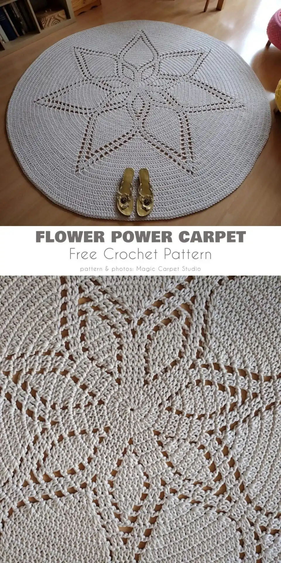 Close-up of a finished Floral Burst Mandala Rug crochet pattern in pastel yellow and green, showcasing intricate stitches.