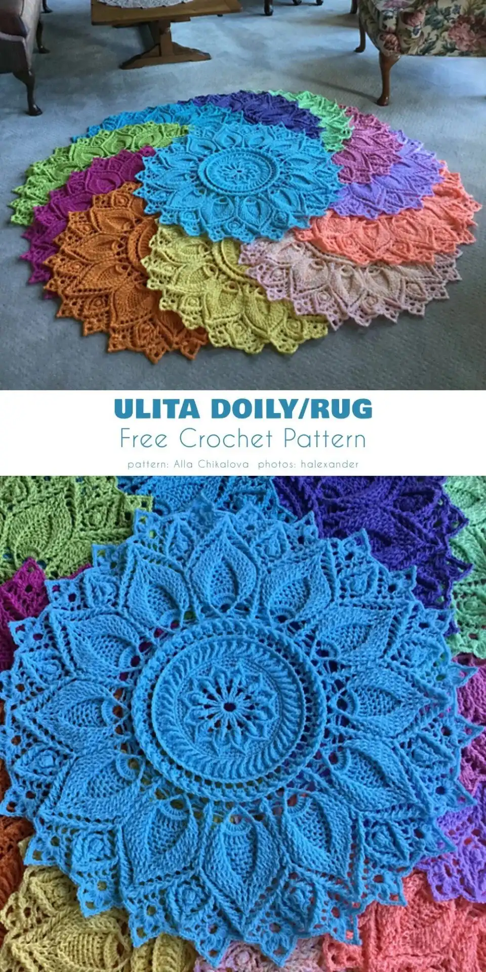 Delicate Dewdrop Doily Rug crochet pattern in white, showcasing its intricate lace-like design on a dark floor.