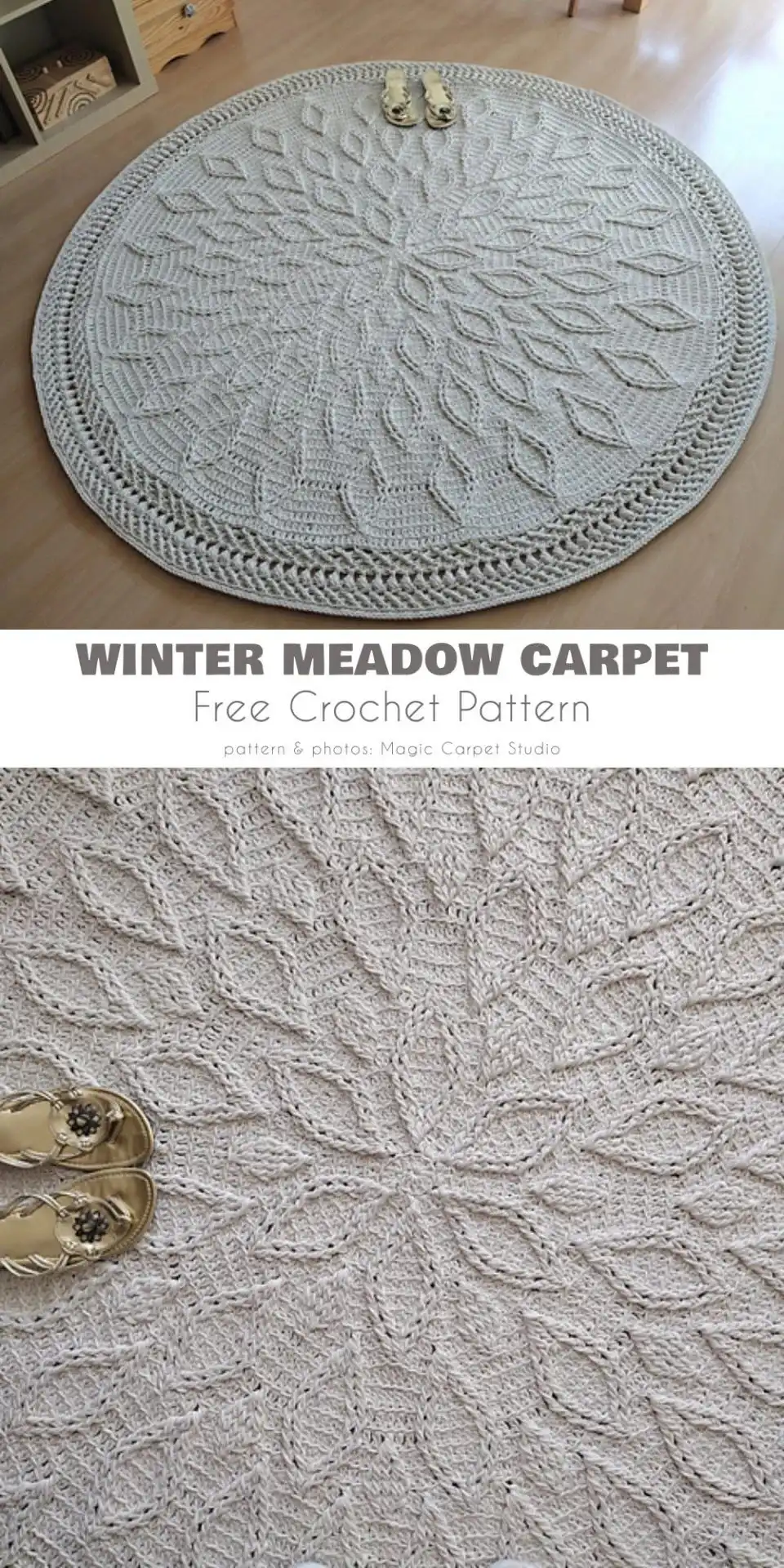 Plush Spring Meadow Shag Rug crochet pattern in varying shades of green, providing a cozy texture in a bedroom.