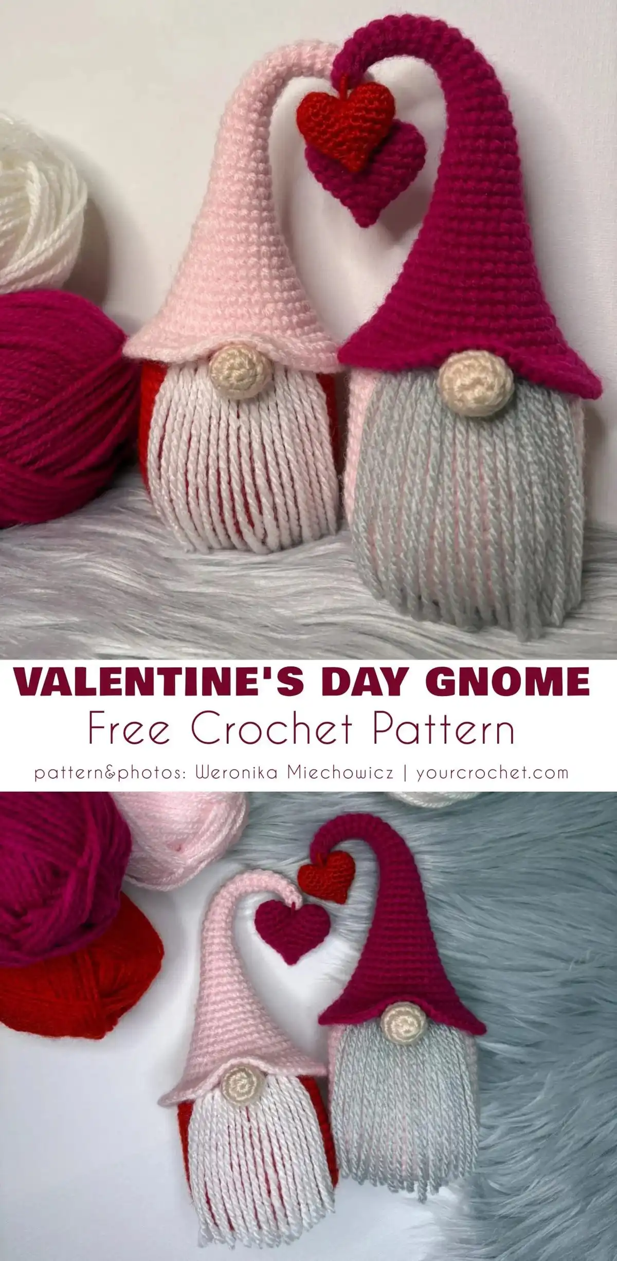 Two crochet Valentine's Day gnomes, one pink with a heart on its hat and one red, both featuring braided beards.