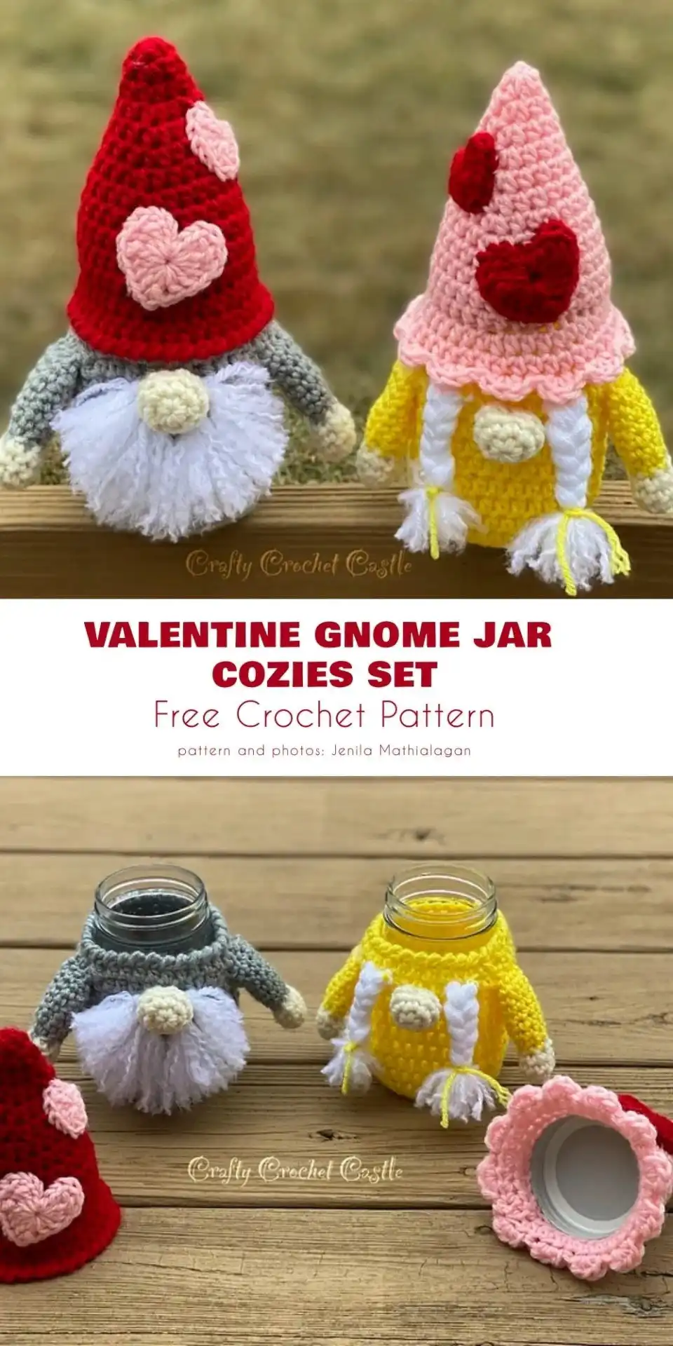 A glass jar adorned with a whimsical crochet gnome cozy, featuring a red hat and white beard, designed for Valentine's Day treats.
