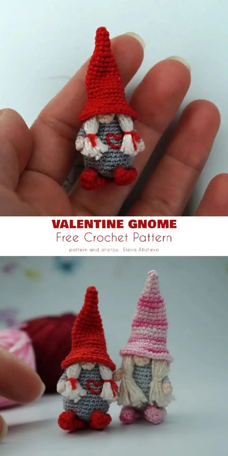 A tiny, cute crochet Valentine gnome with a pink hat and white beard, perfect as a small gift or decorative accent.