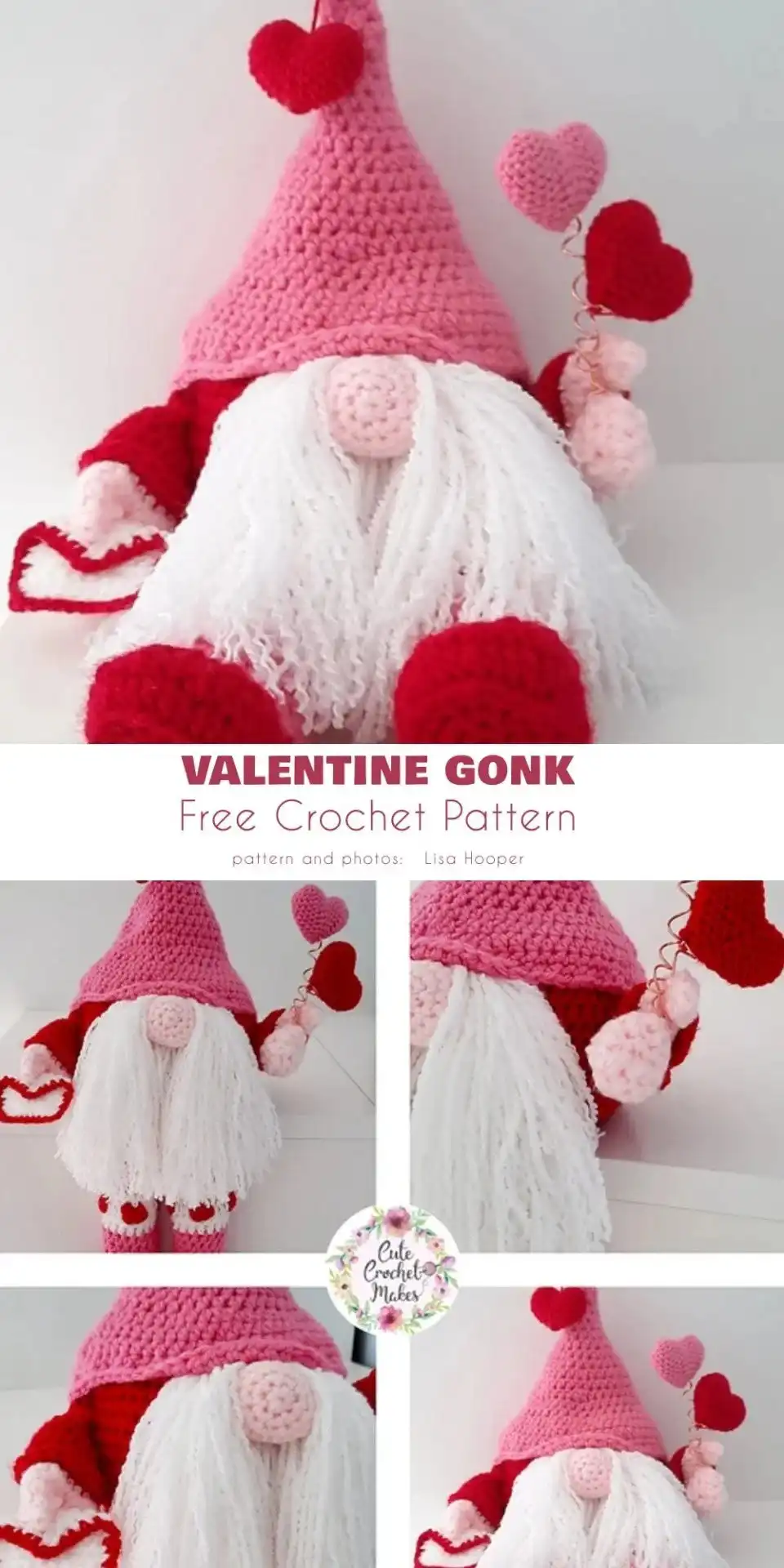 A chunky crochet Valentine gonk with a red hat, heart details, and a cozy texture, embodying festive charm.