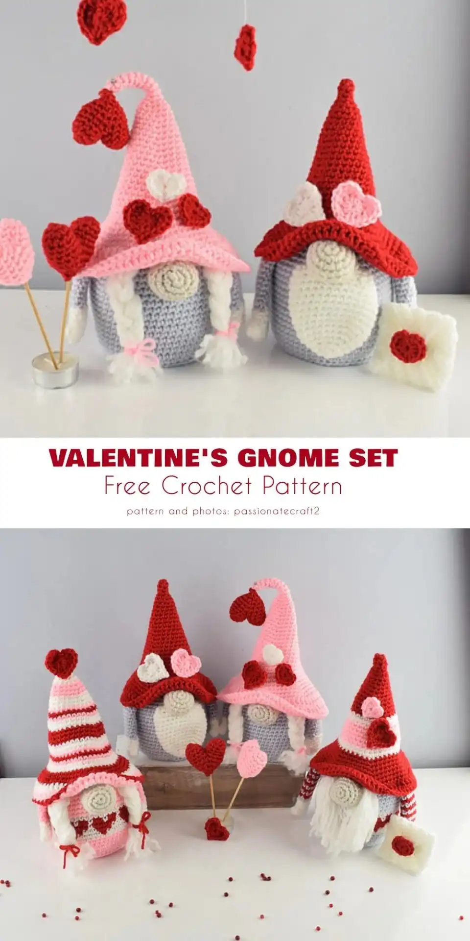 An adorable set of two crochet Valentine's gnomes, one larger with a striped hat and one smaller, both with heart accents.