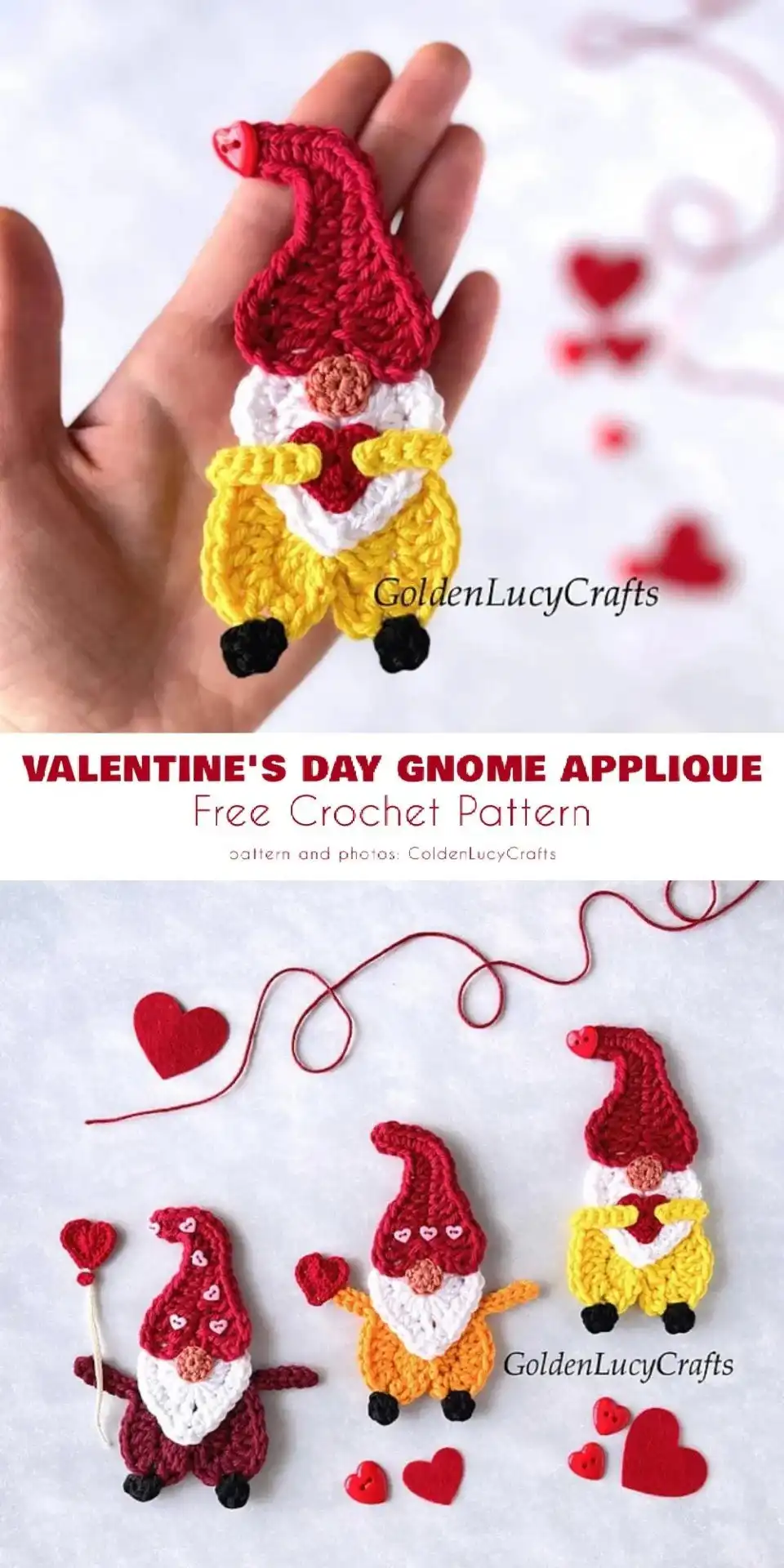 A charming crochet Valentine's Day gnome applique, featuring a red hat and white beard, ready to embellish various projects.