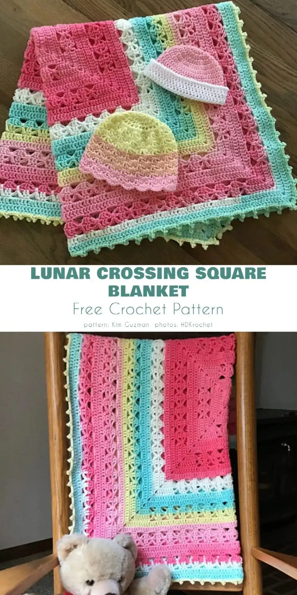 Close-up of a beautifully crocheted square baby blanket with intricate stitches and soft yarn.
