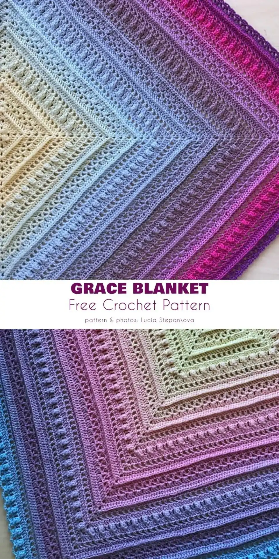 A rainbow burst crochet square baby blanket in bright, cheerful colors, perfect for a nursery.