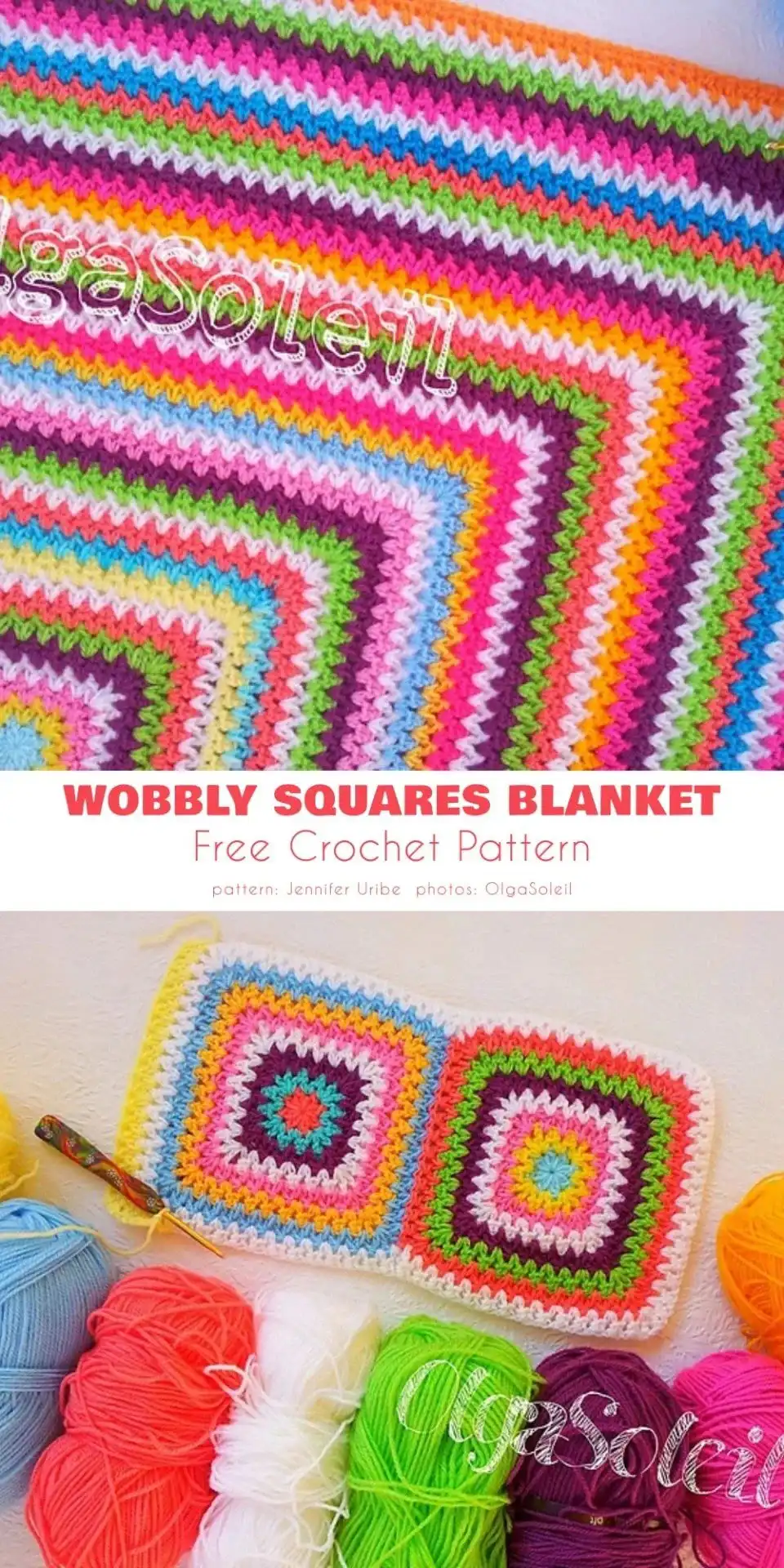 A modern geometric blocks crochet baby blanket with contrasting solid color squares joined together.