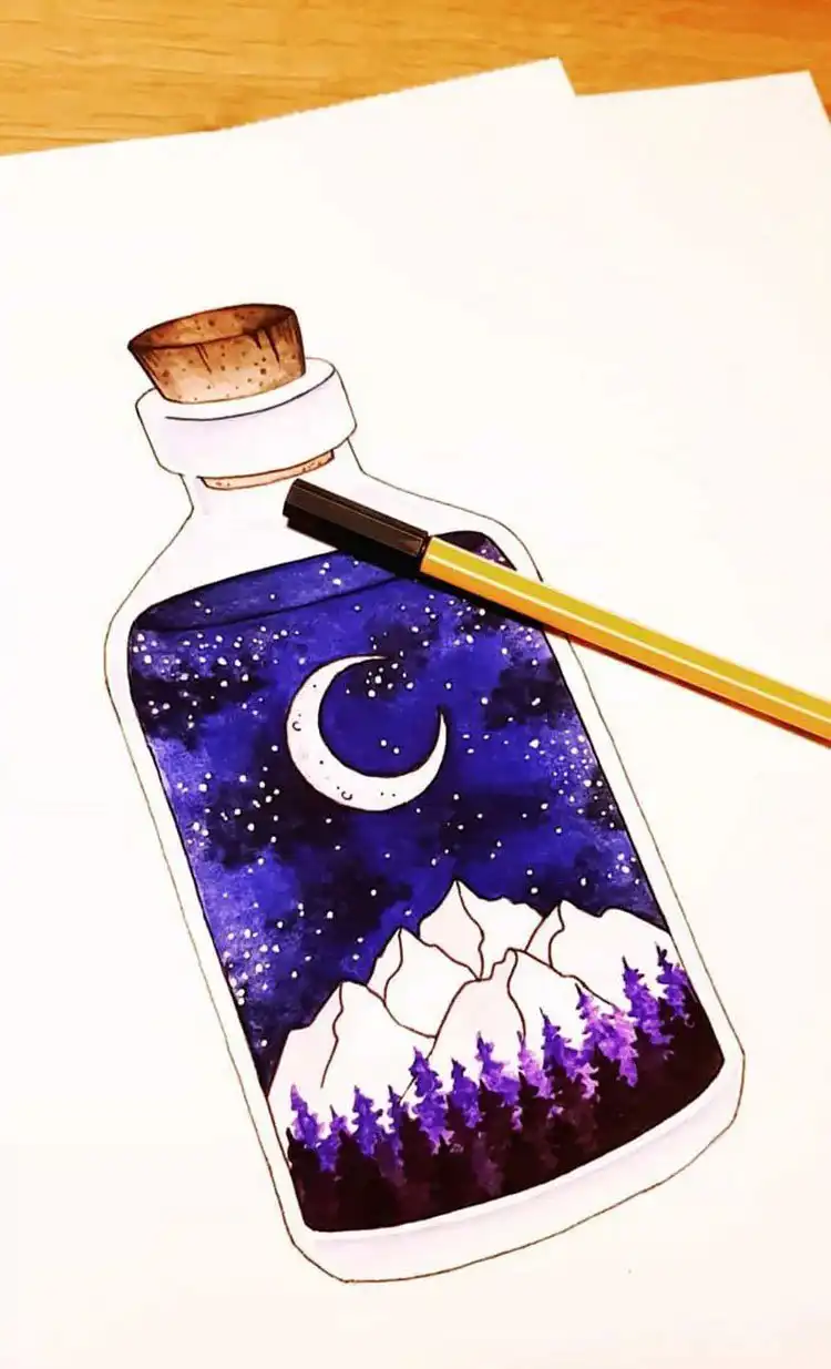 Detailed sketch of a miniature wilderness scene contained within a glass bottle, showcasing depth and texture.