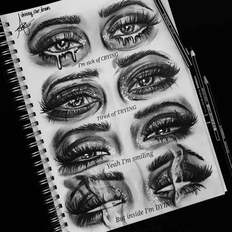 Black and white sketch of emotional eyes, conveying deep feelings through artistic style.