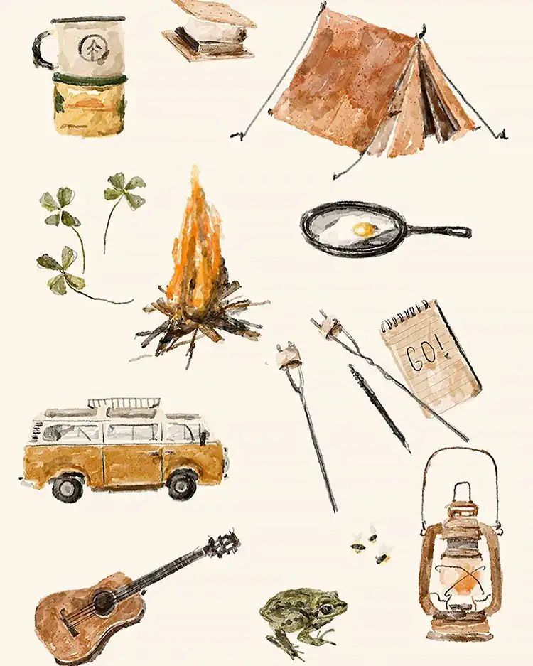 Aesthetic collection of camping-themed doodles, including a tent, campfire, and s'mores.