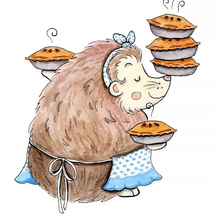 Cute drawing of a hedgehog carrying warm pies, radiating warmth and charm.
