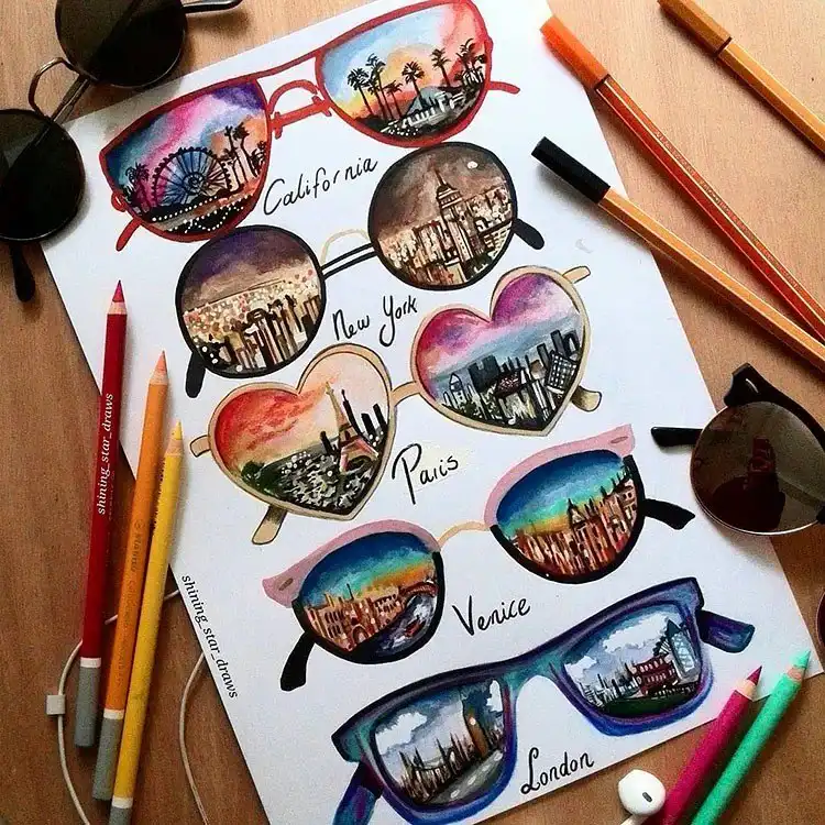 Creative drawing featuring sunglasses with lenses shaped like different US states.
