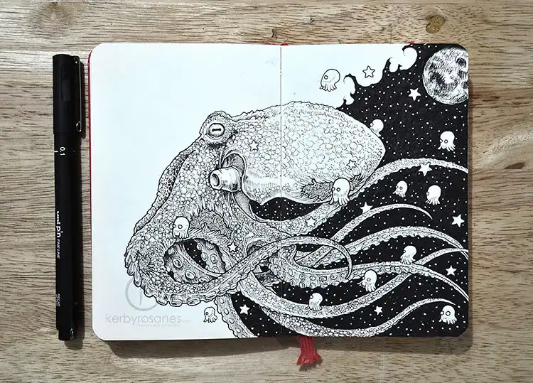 Detailed and intricate drawing of a giant octopus, showcasing complex organic forms.