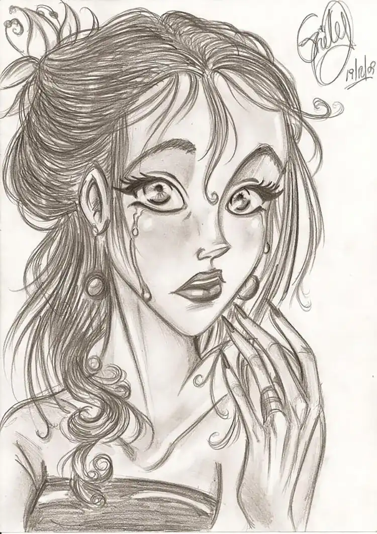 Unique drawing of a girl crying, using a creative art style to express emotion.