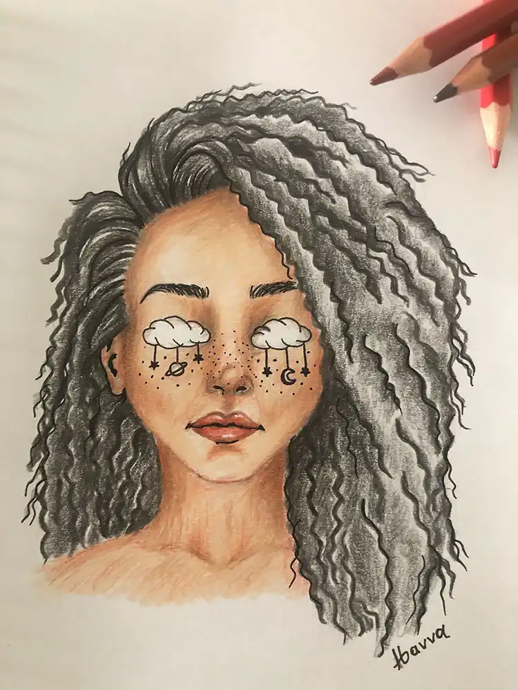 Surreal drawing of a girl with clouds and stars for eyes, creating a dreamy effect.