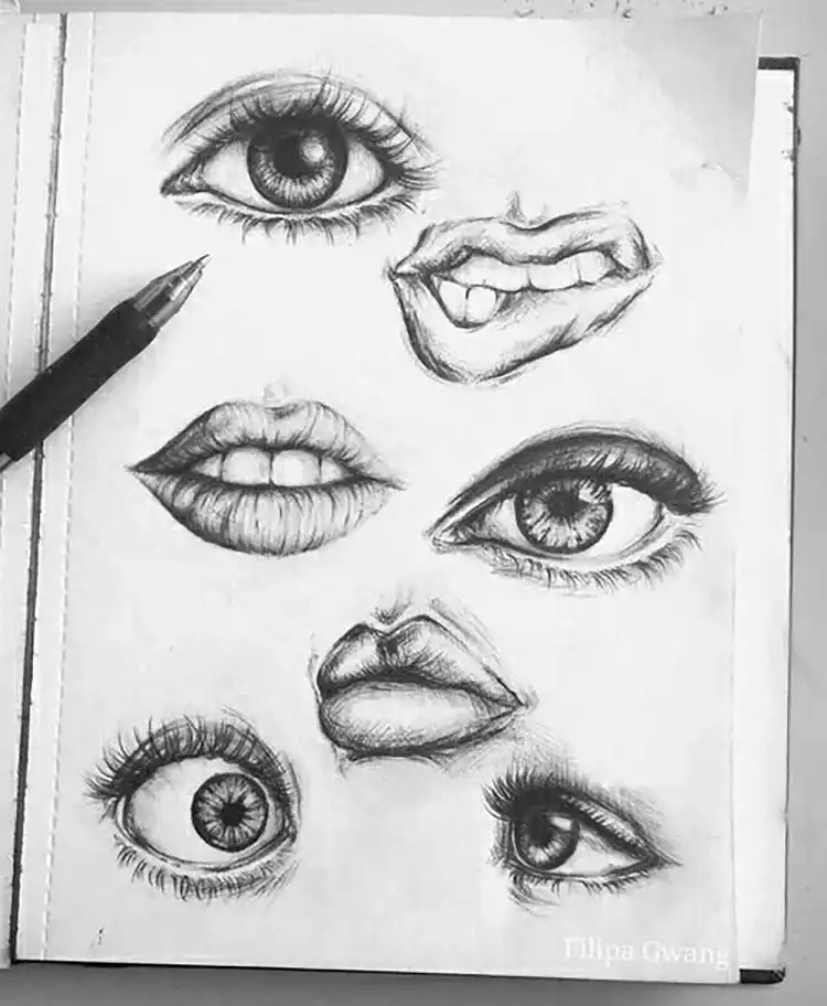 Collection of sketches focusing on various expressions of eyes and lips.