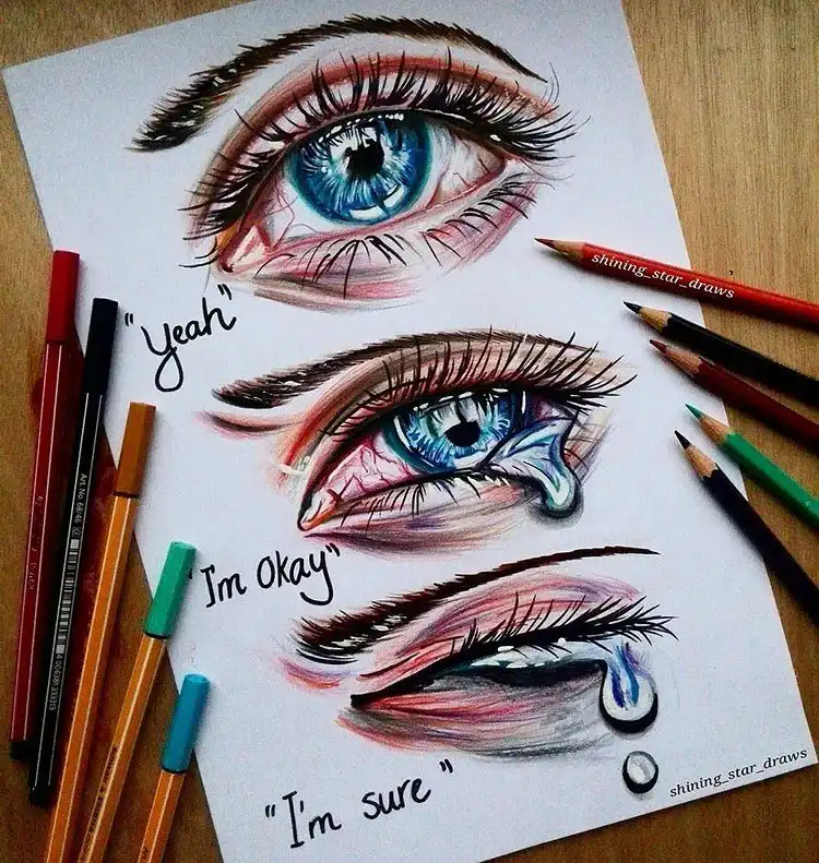 Expressive drawing of crying eyes, focusing on tear details, emotion, and subtle skin folds.