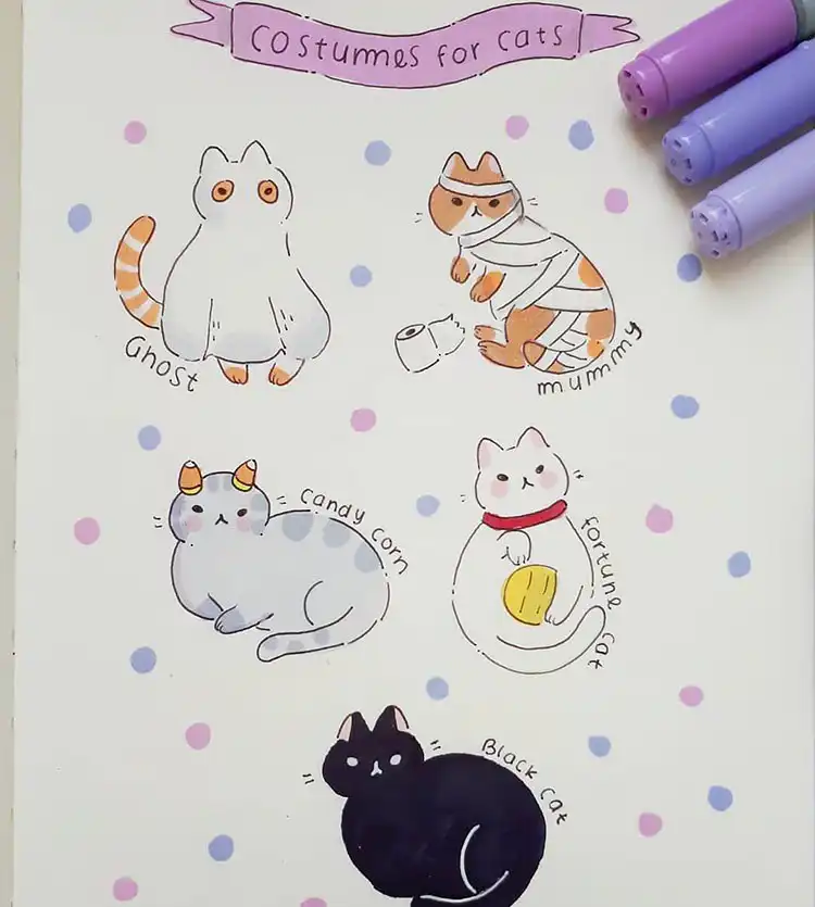 Cute and creative art showing cats dressed in various costumes, like mummy and candy corn.