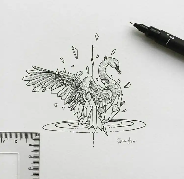 Elegant drawing of a swan gracefully gliding on a lake, perfect for creative compositions.