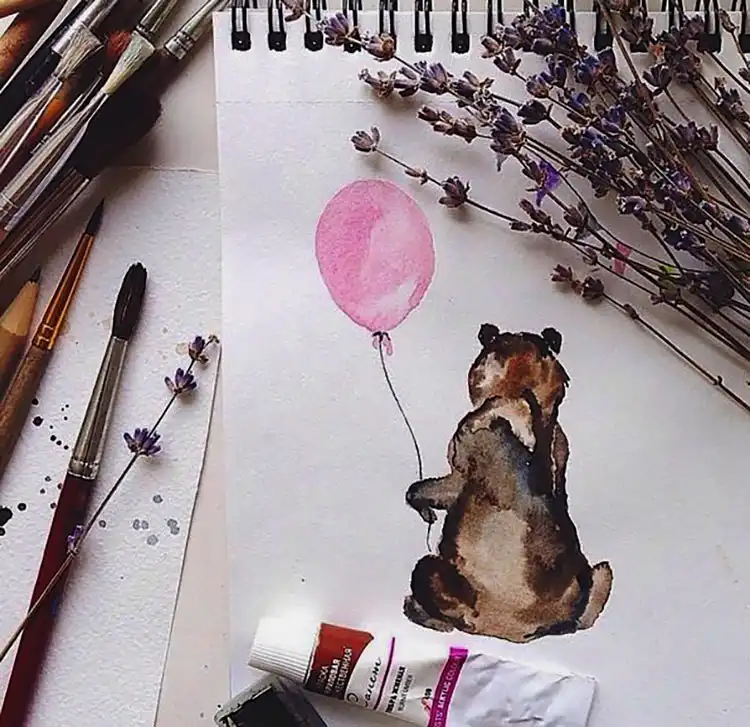 Heartwarming painting of a bear gently holding a balloon, ideal for beginners.