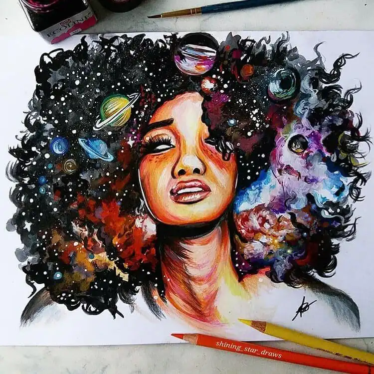 Unique and beautiful drawing of a woman in a space-themed setting, blending portraiture and sci-fi.