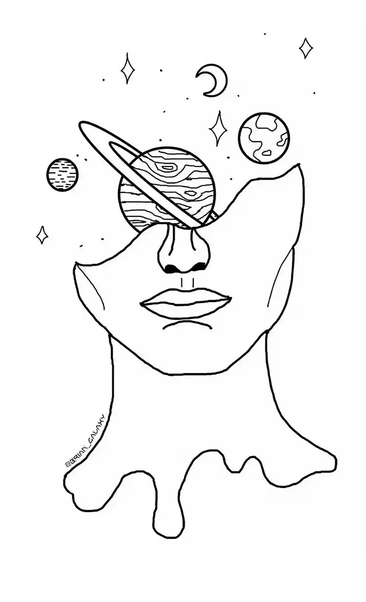 Creative drawing of planets orbiting around a head, demonstrating spherical shading and cosmic themes.