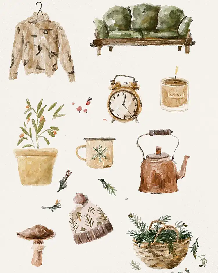 Collection of watercolor hygge doodles, featuring cozy elements like candles and mugs in a simple style.