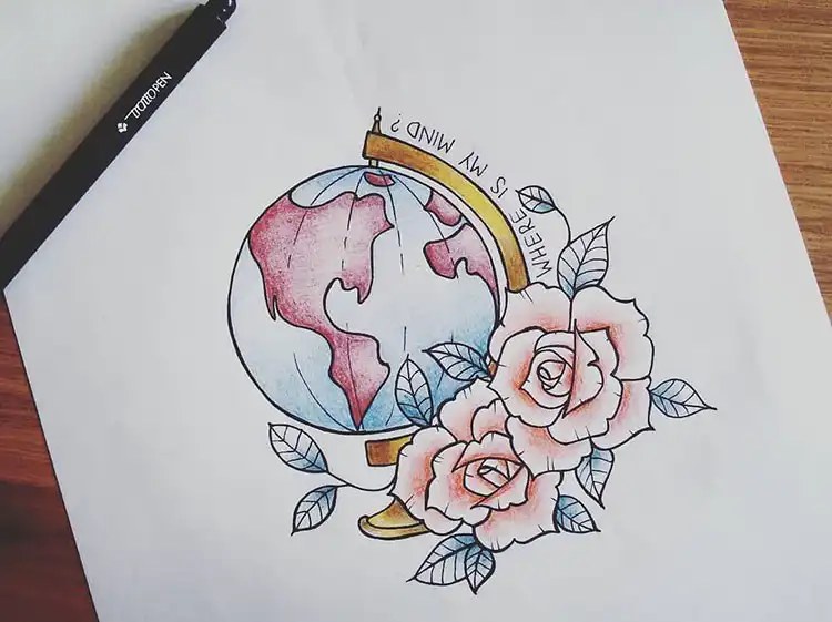 Easy drawing of a globe intertwined with blooming flowers, perfect for beginners.