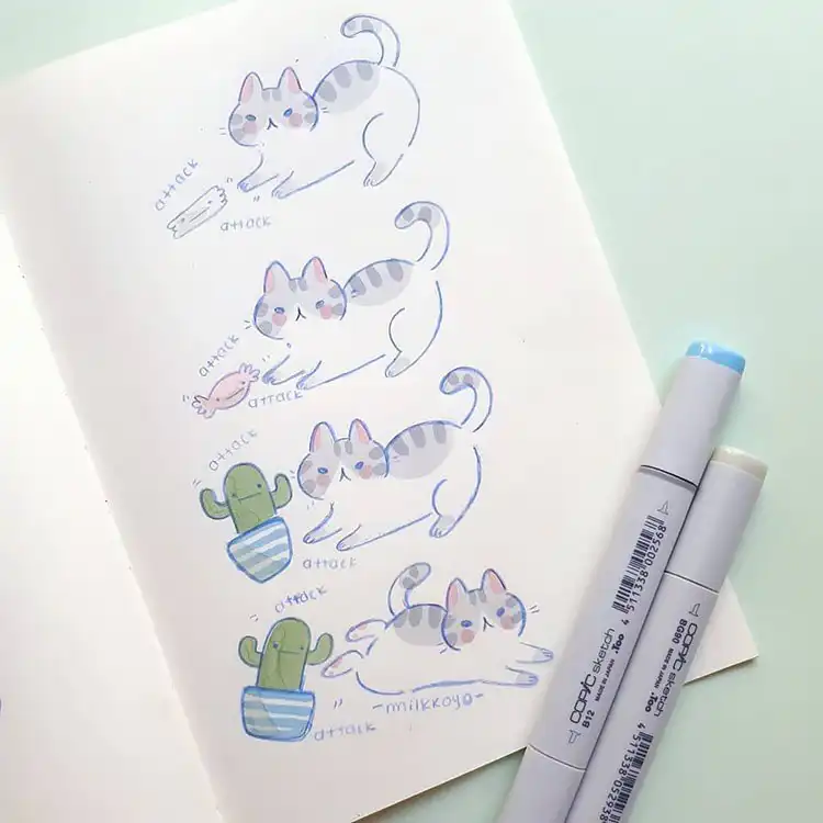 Cute drawing of a curious cat interacting with a prickly cactus, showcasing a humorous scene.