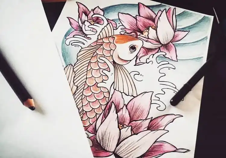 Detailed drawing of a koi fish swimming amidst water waves and flowers, suitable for advanced beginners.