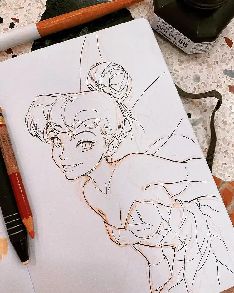 Artistic rendition of Tinkerbell in flight, capturing her iconic pose and magical essence.